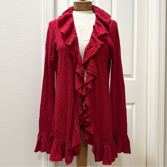 Minnie Rose Vibrant Red 100% Cashmere Long Luxe Open Cardigan w/Ruffles - L